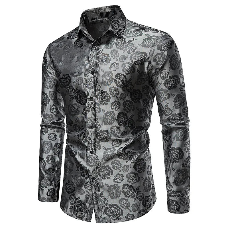 RNSHANGER Fashion Men Shirt Autumn Style Rose Print Long Sleeve Shirt Button Single-breasted Formal Dress-up Men Business Shirt