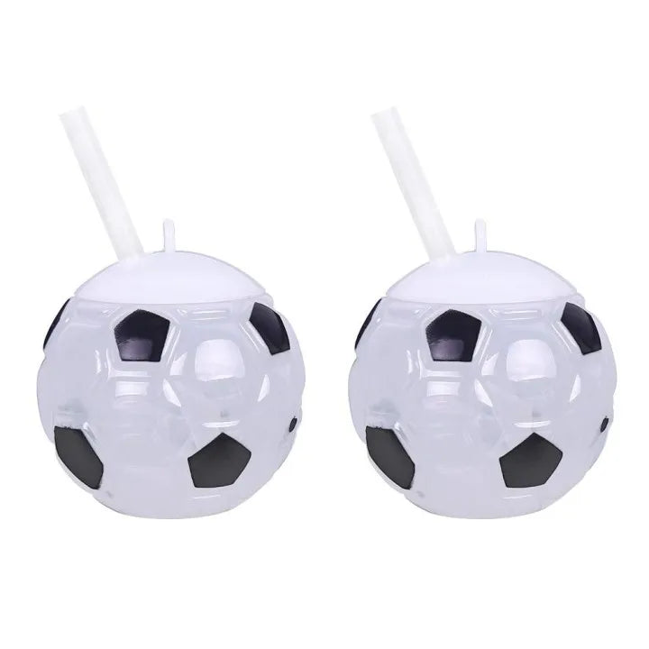 Football Theme Party Supplies 4 Inch White Translucent Cups with Straws 20 OZ Plastic Soccer Shaped Drinking Cups