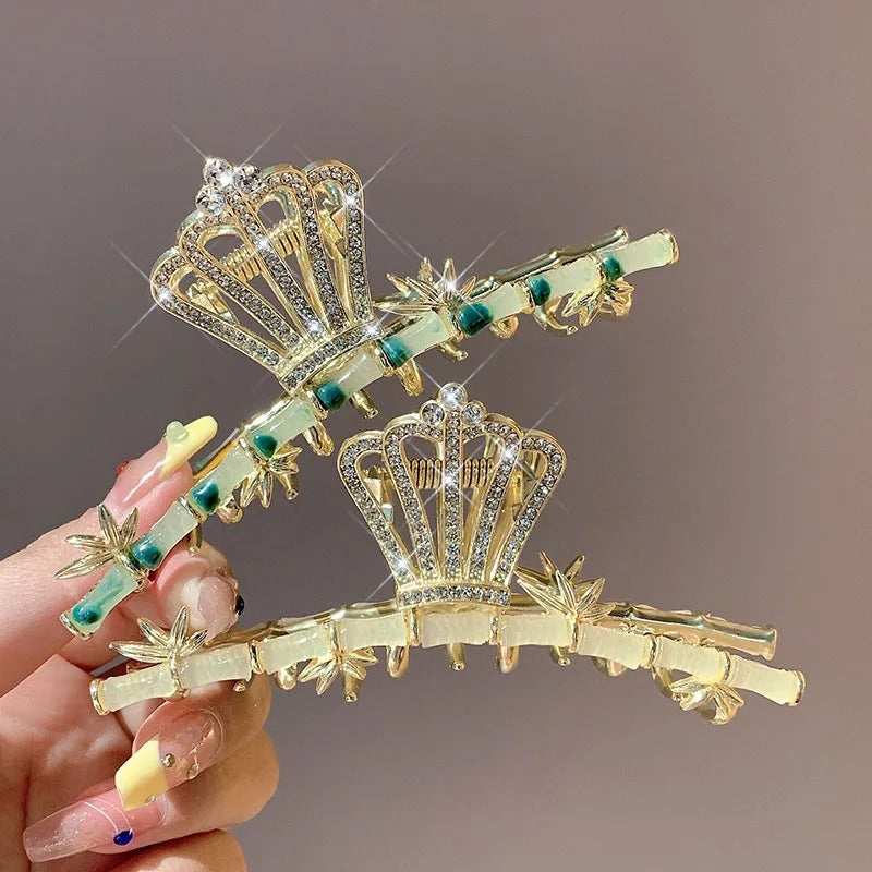 Handmade Large Crown Bamboo Hair Pins Female Elegant Hair Tassel Accessories Rhinestone Pearl Vintage Hair Claw For Women