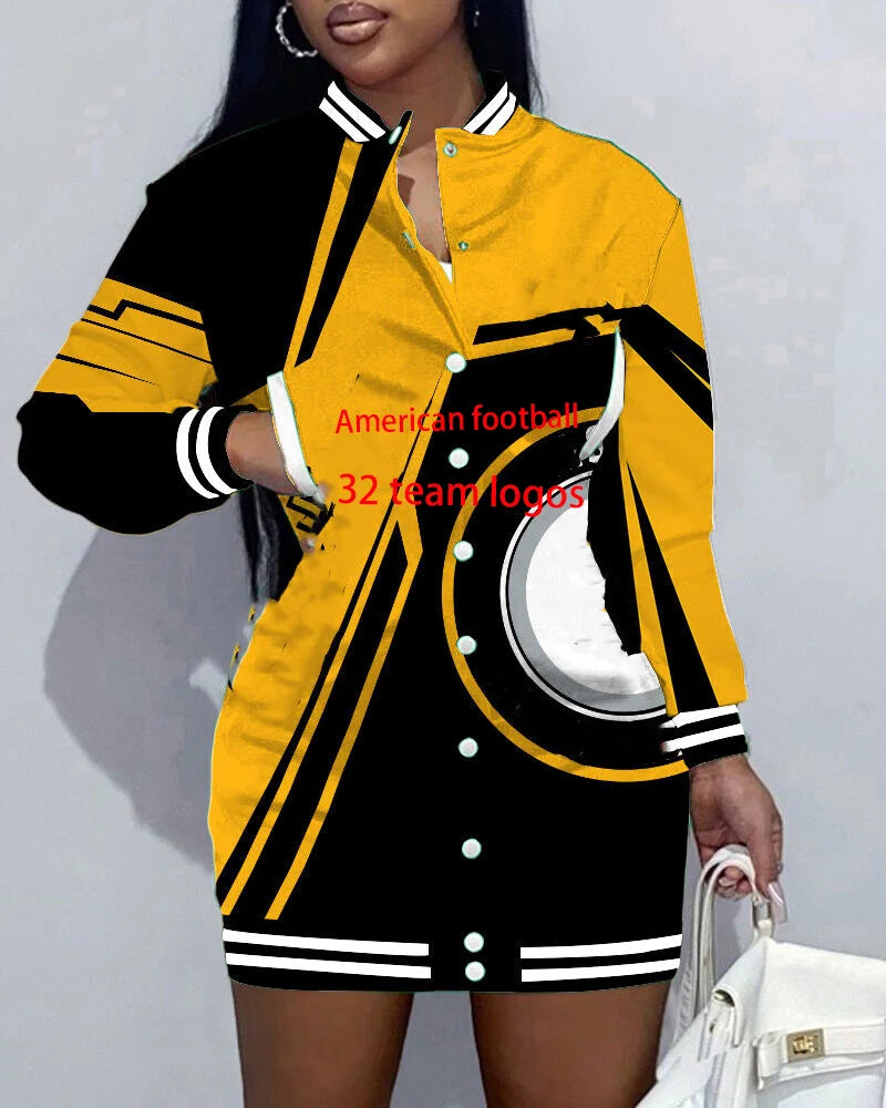 Custom Full Teams American Football Plus Size Short Dress Limited Edition Button Down Long Sleeve Jacket Dress