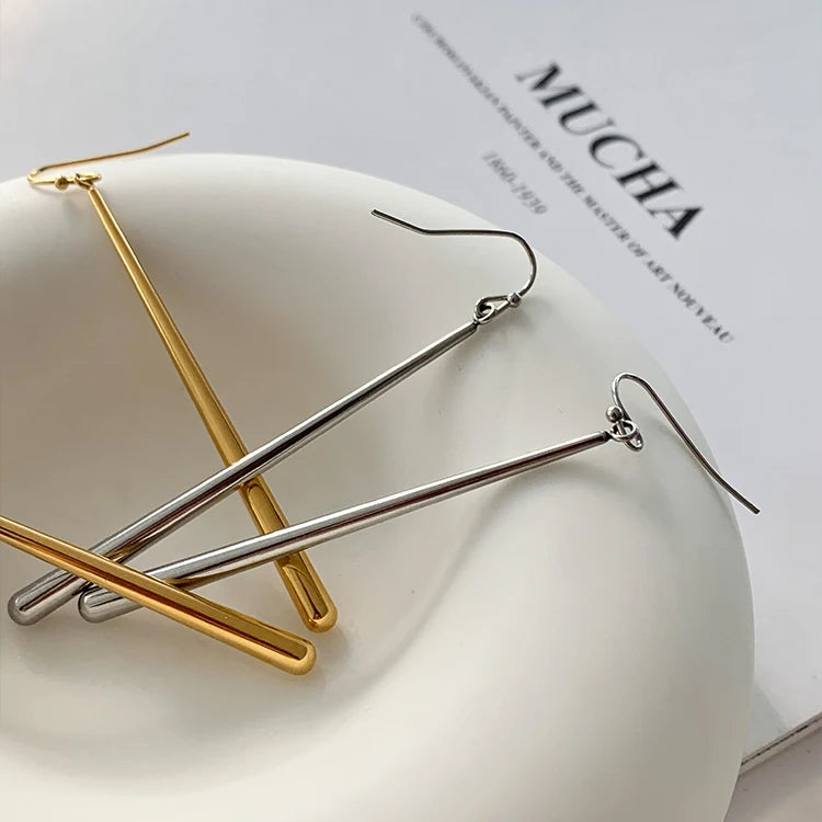 Stainless Steel Waterdrop Long Bar Tassel Earrings Geometric Stick Drop Earrings for Women Plain Korean Minimalist Jewelry 2022