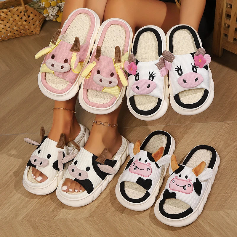 Top Selling Cute Cartoon Cow Design Indoor Linen Insole Slipper for Women Soft Comfortable Non-Slip Flat Sandal for Summer