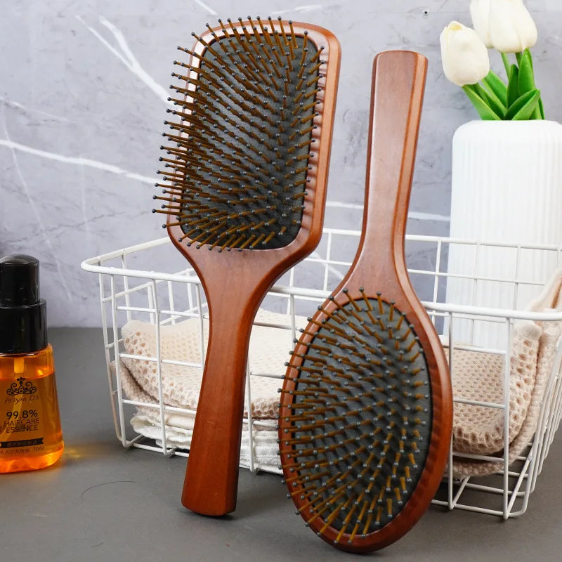 EDAWA Cherry Wood Eco-friendly Round Hairbrush & Massage Comb with Rubber Components for Scalp Detangling