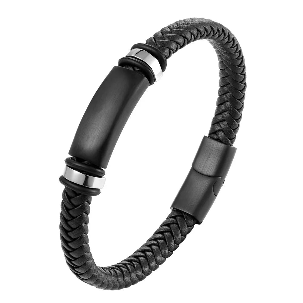 Lateefah OEM Custom Stainless Steel Bracelet Engraving Leather Bracelet Wholesale Mens Leather Bracelet