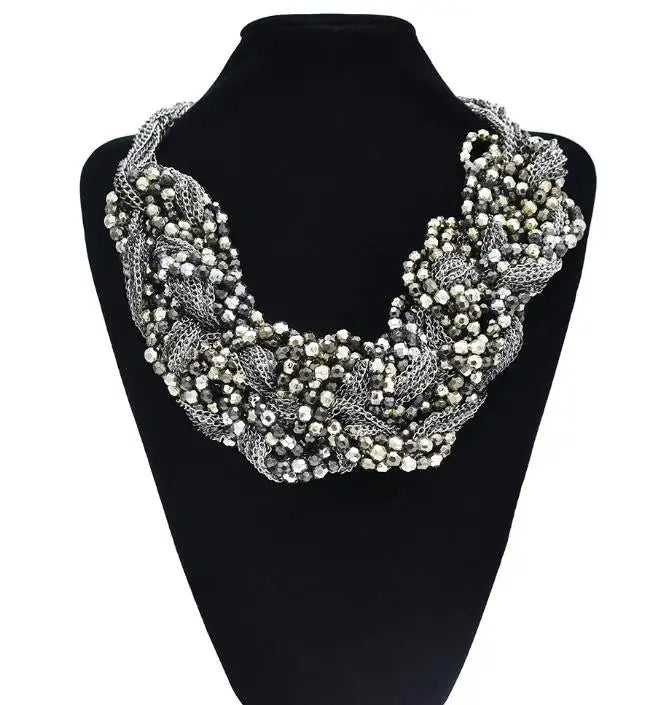 Statement Necklace for Women Handmade Multi-layer Beaded Choker Silver Black Color