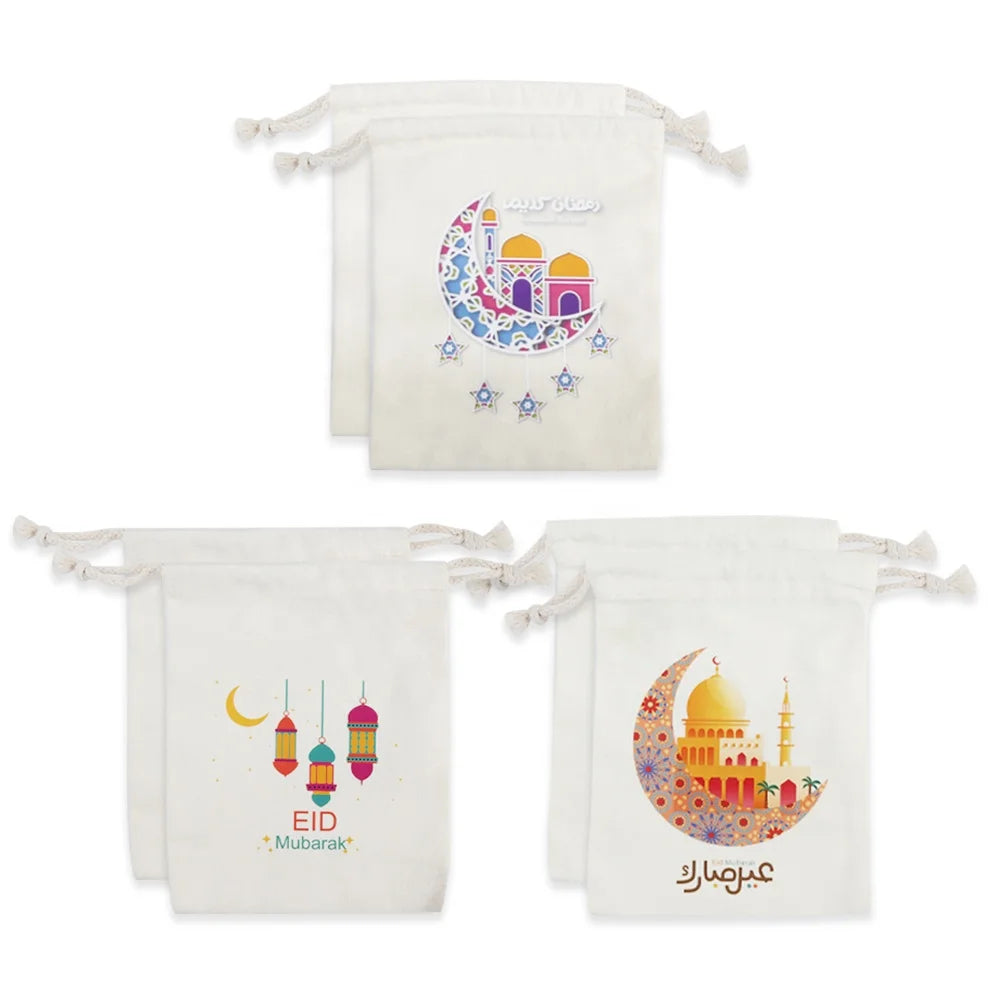 Eid Mubarak Decoration Ramadan Party Favor EID Mubarak Canvas Drawstring Candy Storage Bags
