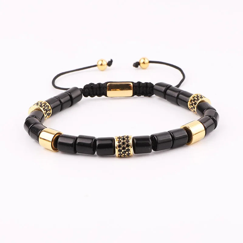 Renting Jewelry New Design Natural Black Onyx Stone Tube Stainless Steel Beads CZ Charms Macrame Adjustable Bracelet Men