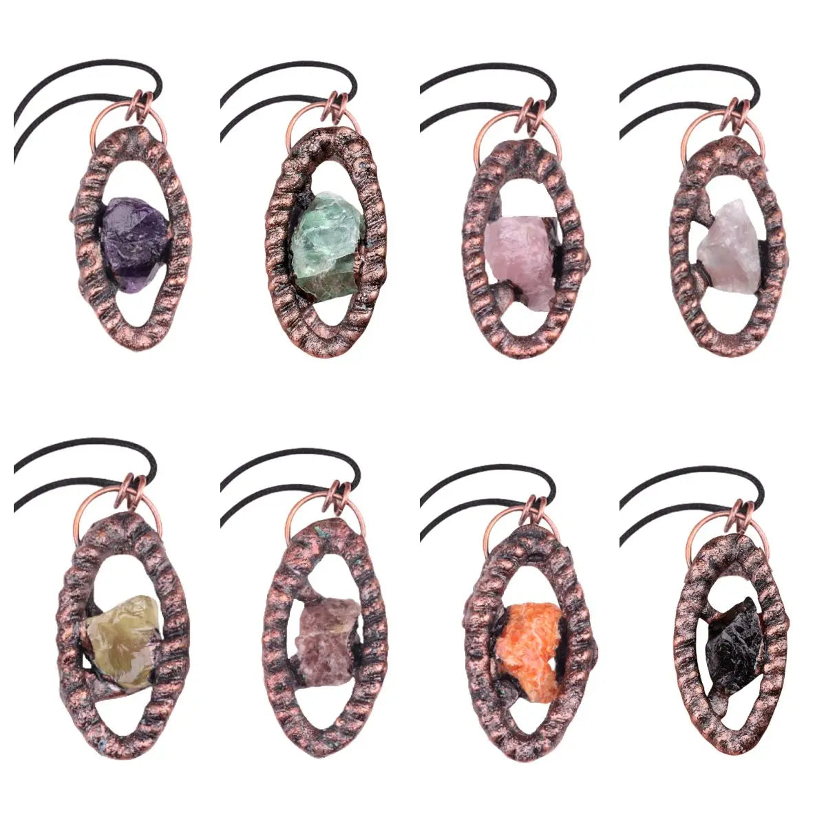 Antique Copper Eye Pendant Natural Raw Rough Crystal Inlay Adjustable Wax Cord Necklace Vintage Healing Crystal Jewelry Gift