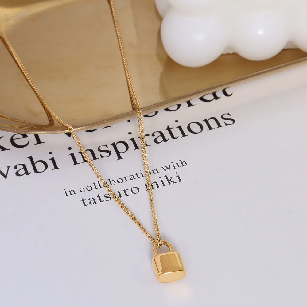 Punk Gold Plated Titanium Steel Lock Pendant Necklace Hip Hops Stainless Steel Lock Necklace for Party