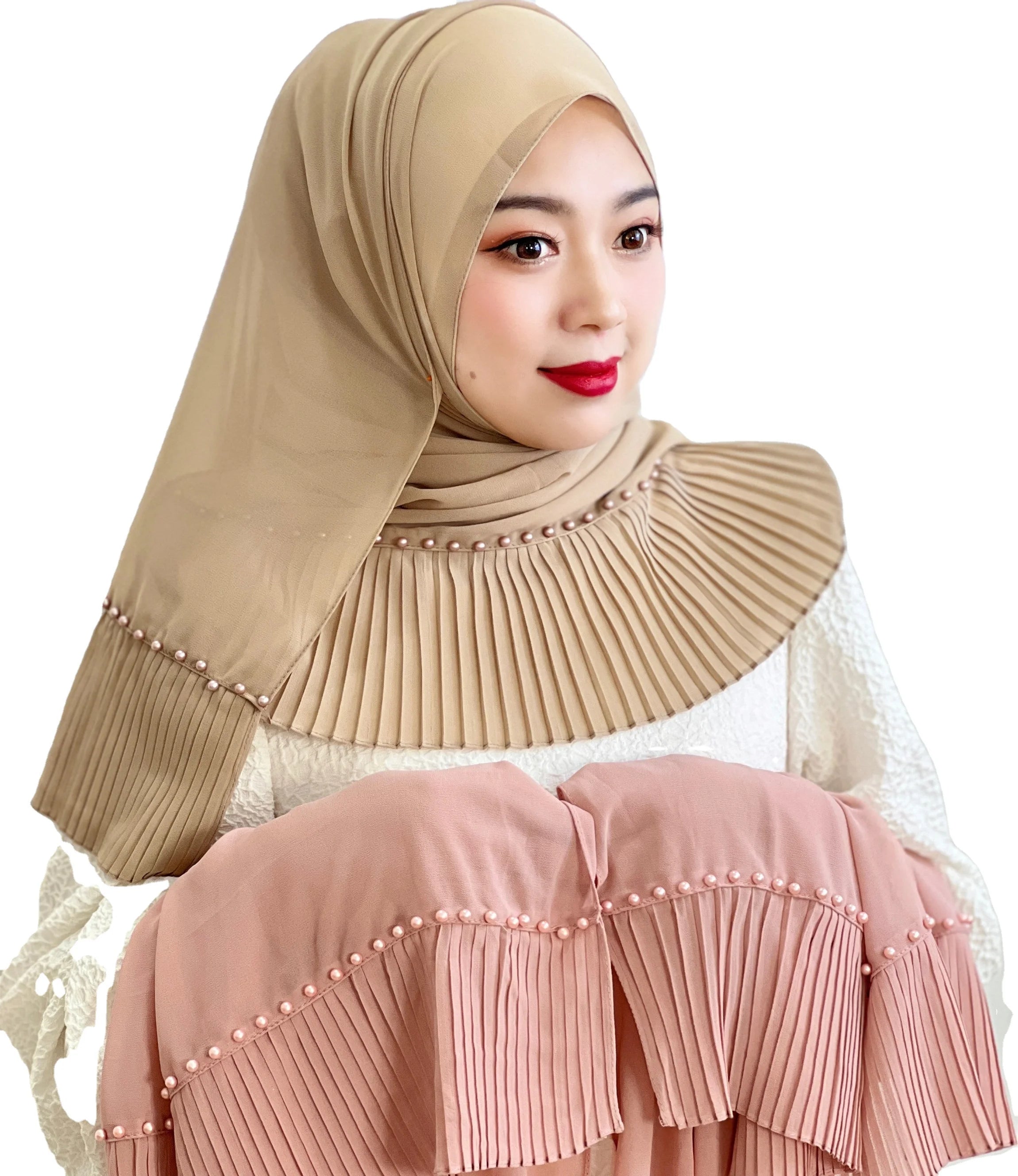 Prevailing Style Scarves Women Wear Daily Matches Pleated Design With Pearls Chiffon Hijab Muslim Women Shawl Hijabs