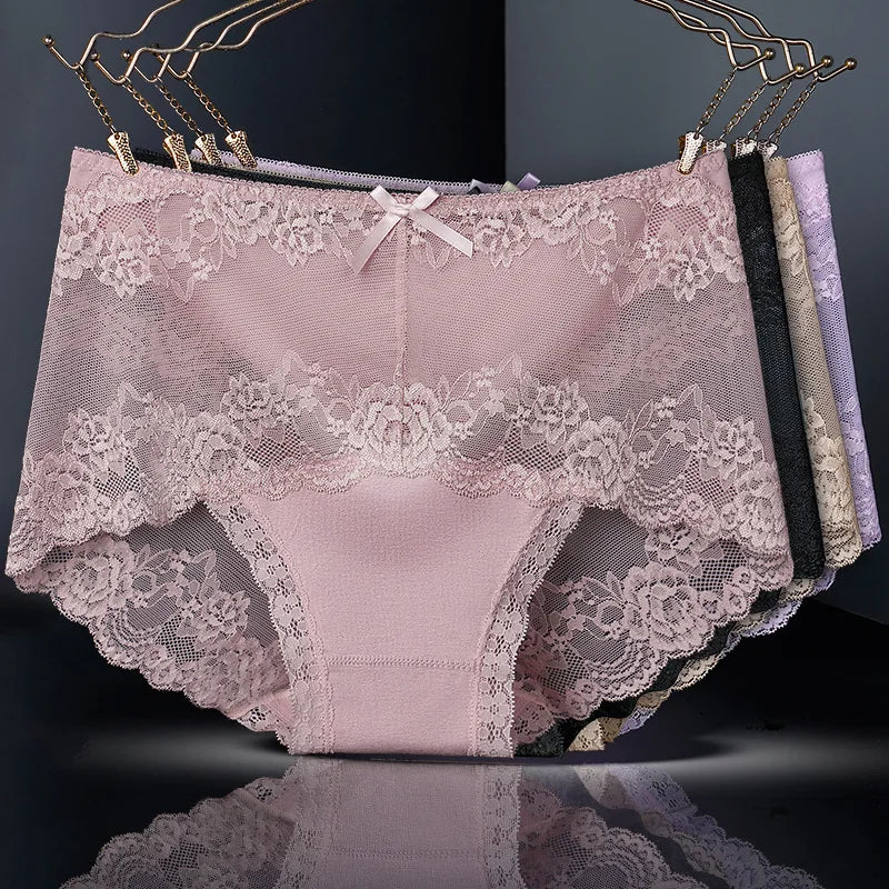 Woman Seamless Lace Underwear One Piece Mid Waist Panties Back With Lace Brief Traceless Underwear Women Ice Silk Panties