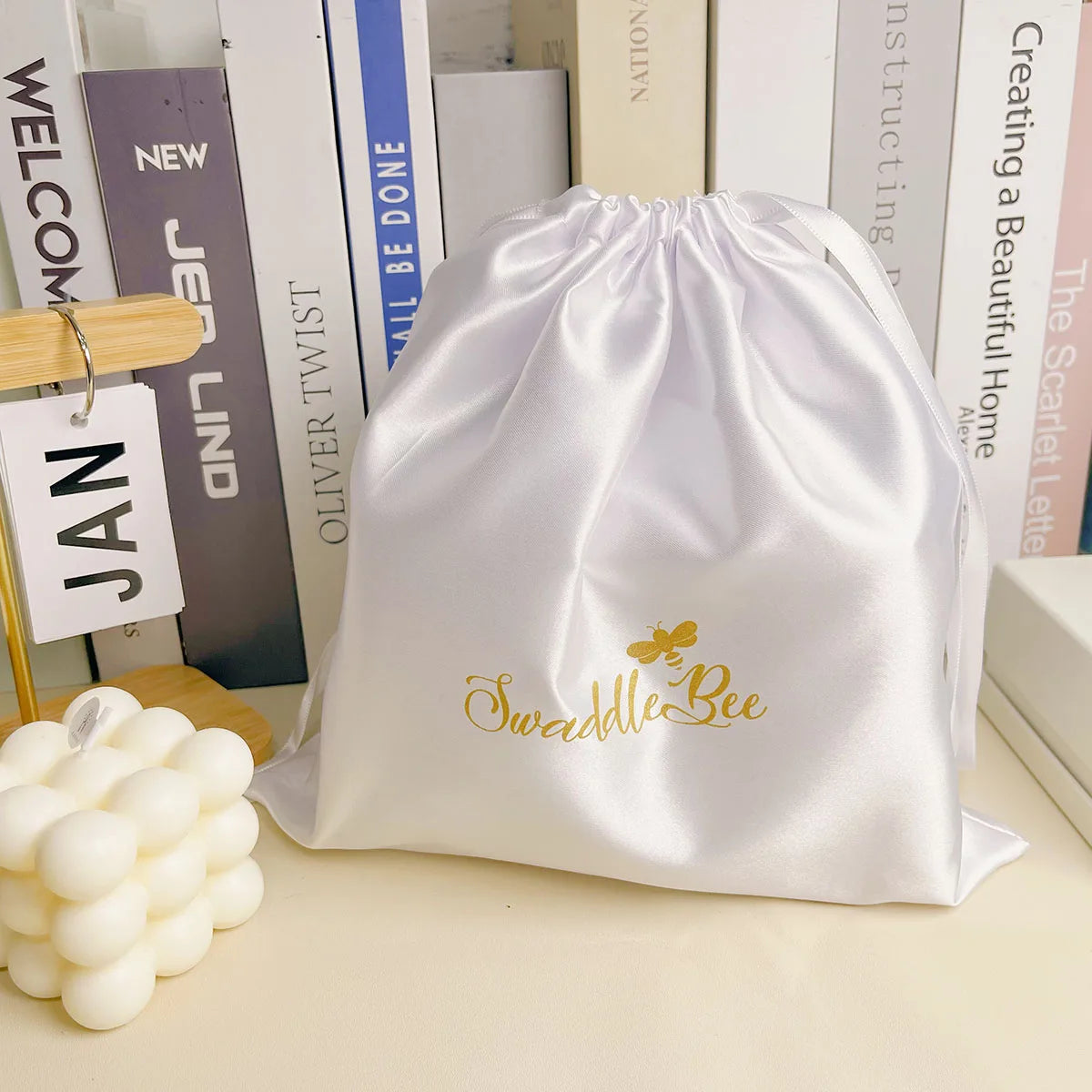 Custom White Satin Drawstring Dust Cover for Handbag  Satin Underwear Bag Satin Drawstring Shoe Dust Bag Hair Extension Bags