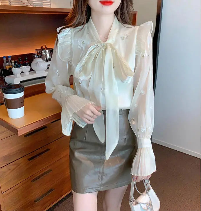 S-XXL French Short and Gentle High-end Chiffon Organza Shirt Bow Tie Flare Sleeves Leisure Blouse Formal