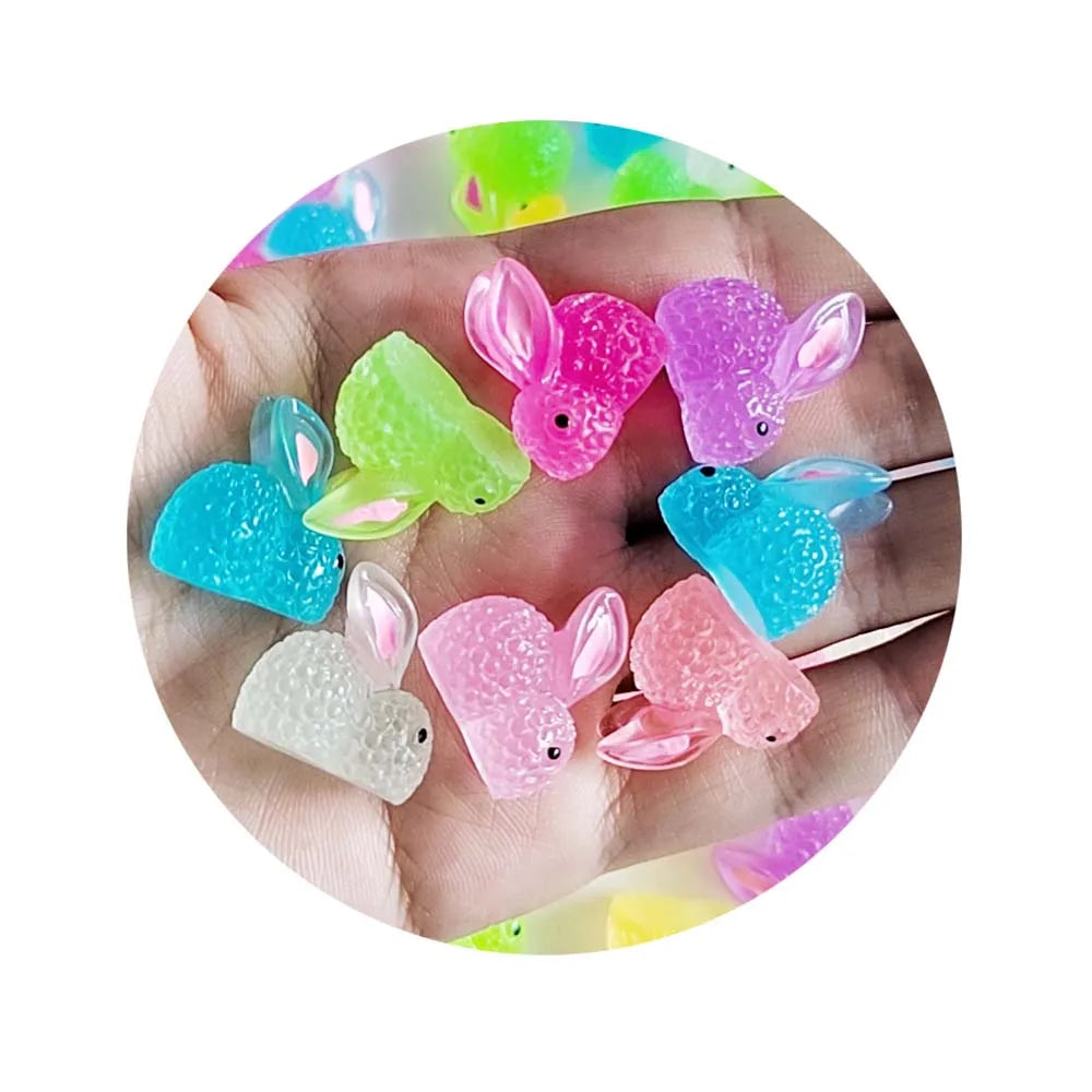 Mini Luminous Resin Cartoon Colorful Rabbit Cabochon Dolls Figures Home Garden Decoration Crafts
