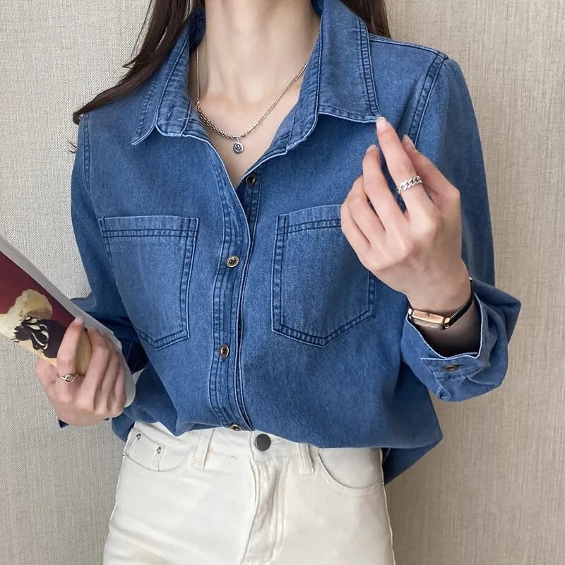 Women Blue Denim Shirt Casual Long Sleeve Lapel Button Shirts Women's Blouse Loose Loose Comfortable Tops Fashion Female Shirt
