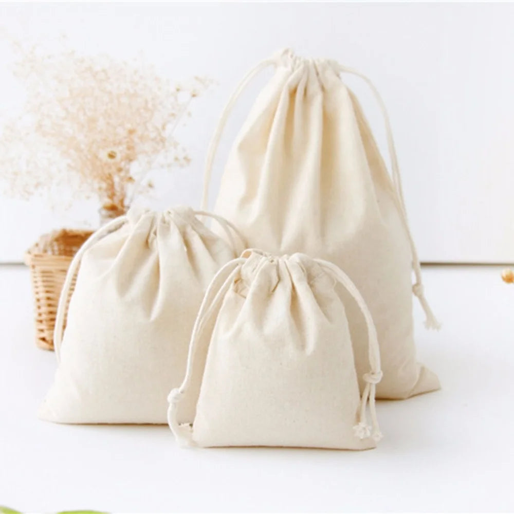 Customized White Cotton Fabric Canvas Pouch Bag Small Muslin Custom Drawstring Shoe Bag
