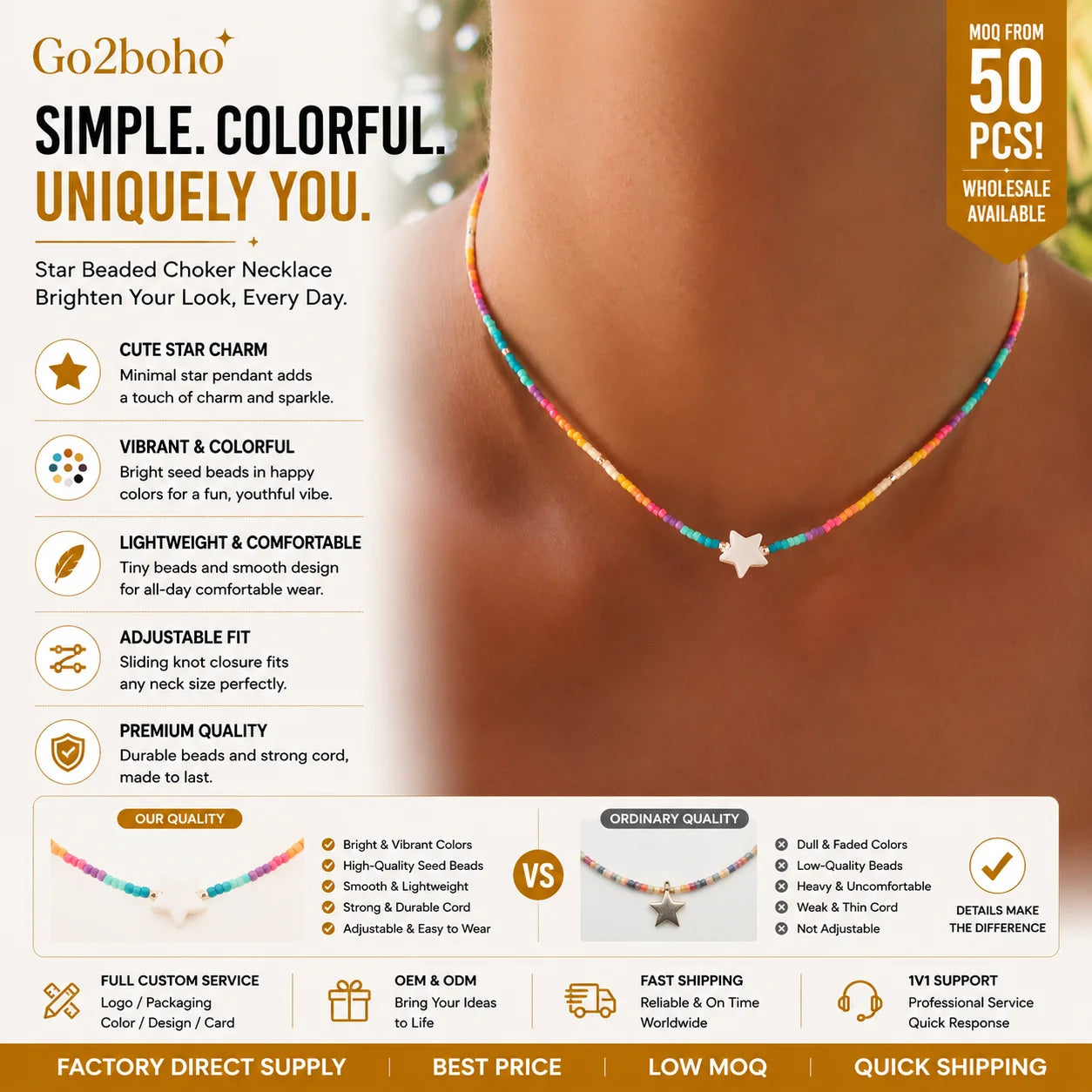 Go2boho Rainbow Bead Stack Necklaces Dainty 2025 New Tiny Seed Chain Delicate Star Handmade Beach Cord Jewelry for Women Men