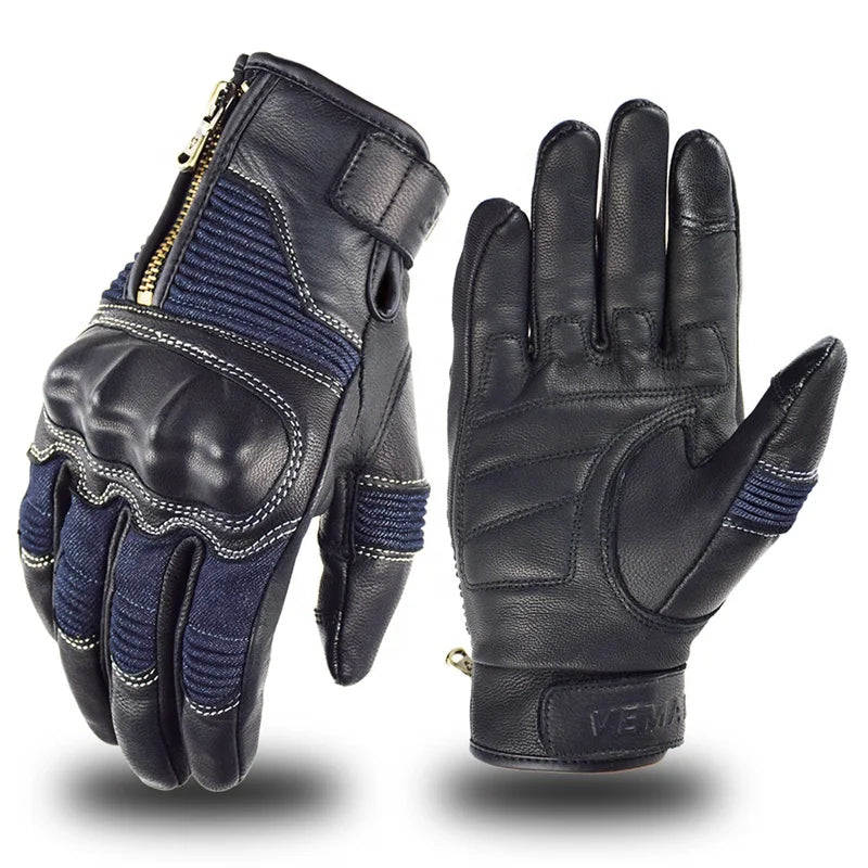 Vemar Retro Goat Leather Motorcycle Gloves Men Denim Perforated Breathable Motorbike Motocross Racing Gloves Brown Black