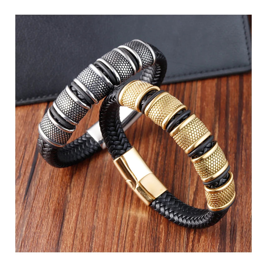 Woven Leather Rope Wrapping Special Style Classic Stainless Steel Men's Double-layer Leather Bracelet Design DIY OT-243