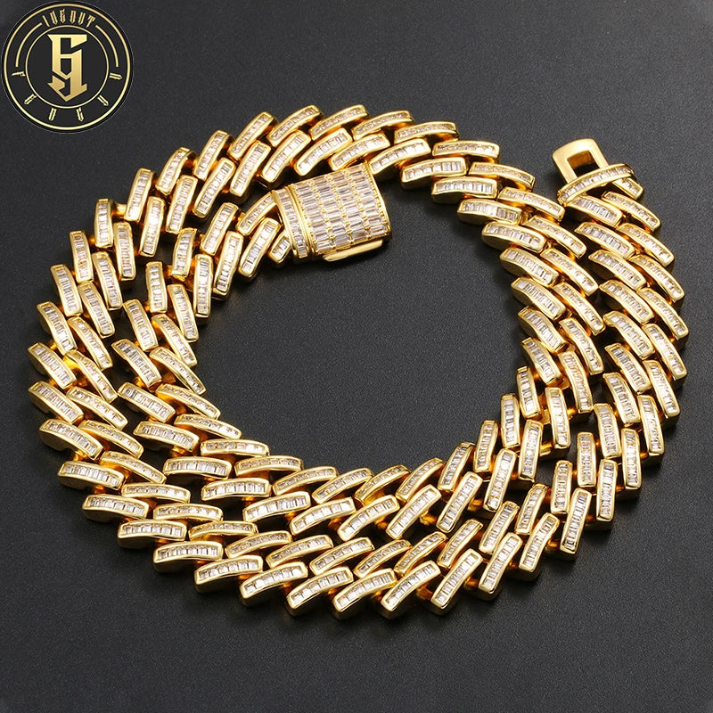 Hip Hop 14mm Baguette Cubic Zirconia Miami Cuban Choker Necklace Fashion Brass Link Chain for Men Rock Jewelry