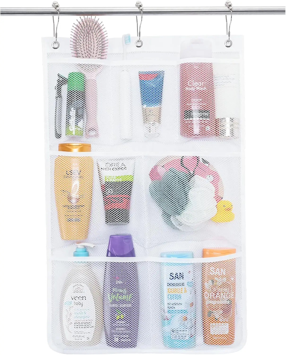 Portable 7-Pocket Mesh Shower Organizer Hanging Space-Saving Eco-Friendly Foldable Household Bathroom Storage Bag for Soap