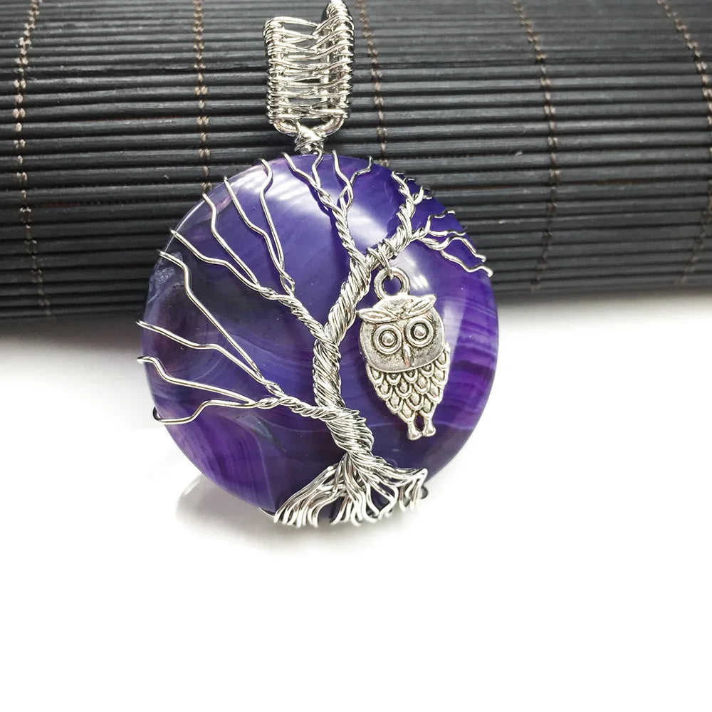 Wholesale Natural Healing Crystal Women Wire Wrapped Tree of Life Purple Lace Agate Owl Necklace Pendant Jewelry