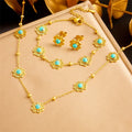 Natural Stone Hollow Flower Jewelry Set Blue Turquoise Round Gold-Plated Earrings Bracelet Necklace Stainless Steel Jewelry Set