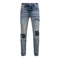 Custom Stonewashed Destroyed Distressed Hole Patch Quality Streetwear Loose Straight Fashion Jeans