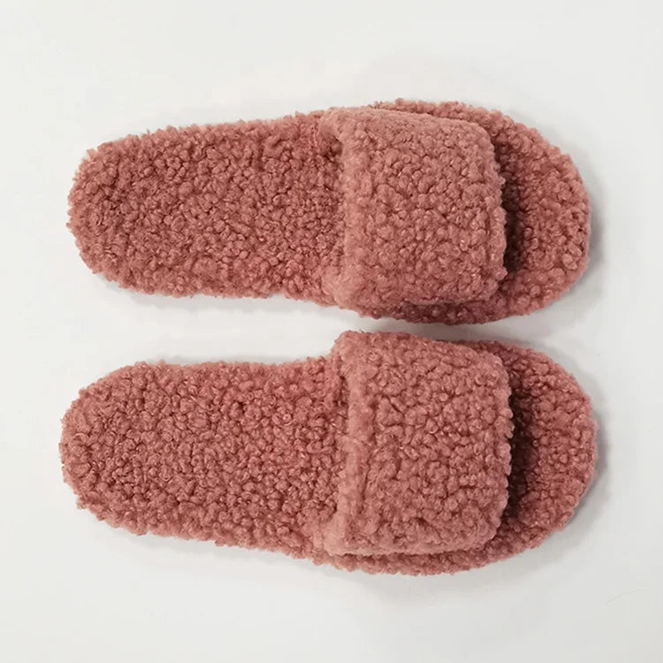 Women Fashion Home Slides Fleece Slippers Fur Luxury Fall Winter Warm Slippers House Lady Faux Wool Fur Slippers