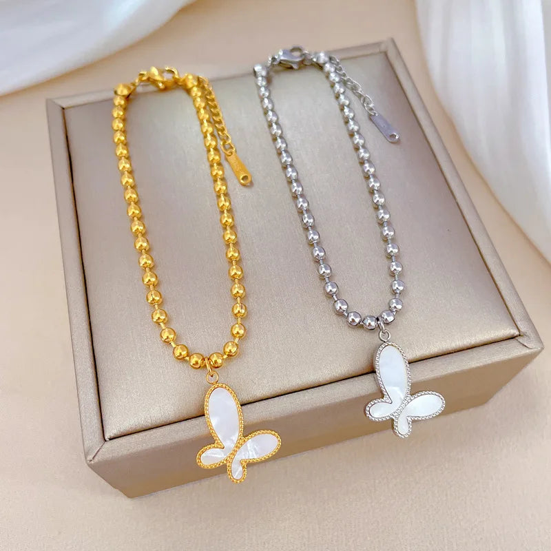 18K Gold Plated Stainless Steel Beads Chain Bracelet for Women Shell Butterfly Pendant Luxury Bracelet Titanium Chain Bracelet