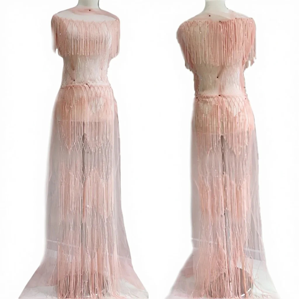 WDP-116 Heavy Beaded Tassel Wedding Dress Pink Color Applique Panel Patch for Women Prom Dress