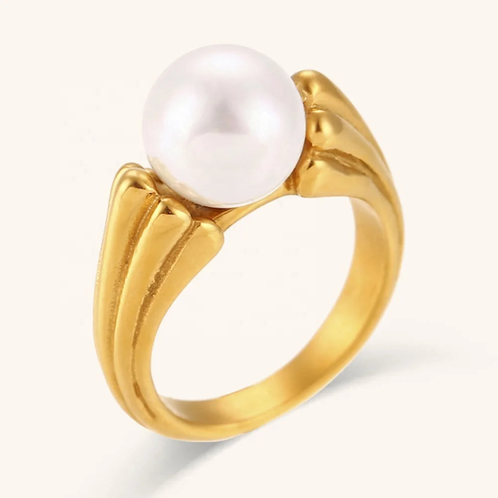 Dingran Fashion Pearl Ring Stainless Steel Gold Plated Jewelry Women Rings Jewelry