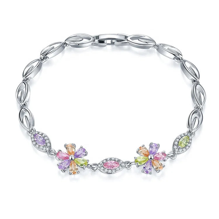 Unique Design Women Children's Brass Zircon Bracelet Fashion Style with Colorful Metal Rhodium Plated Stone Popular Jewelry