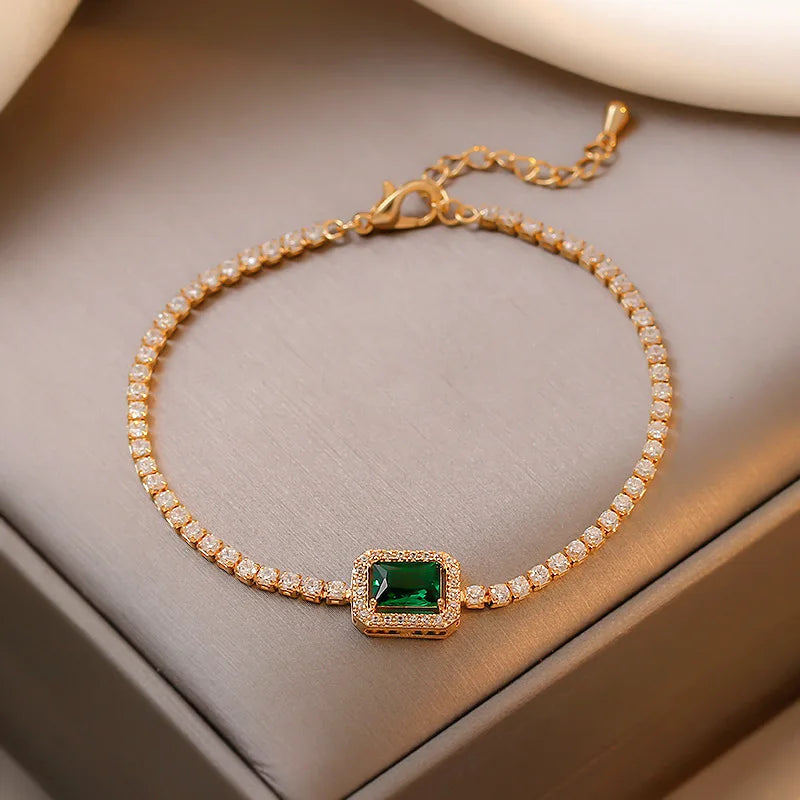 Women Luxury Jewelry Real 18k Gold Plated Full CZ Crystal Tennis Bracelet Bling Bling Green Emerald Diamond Bracelet