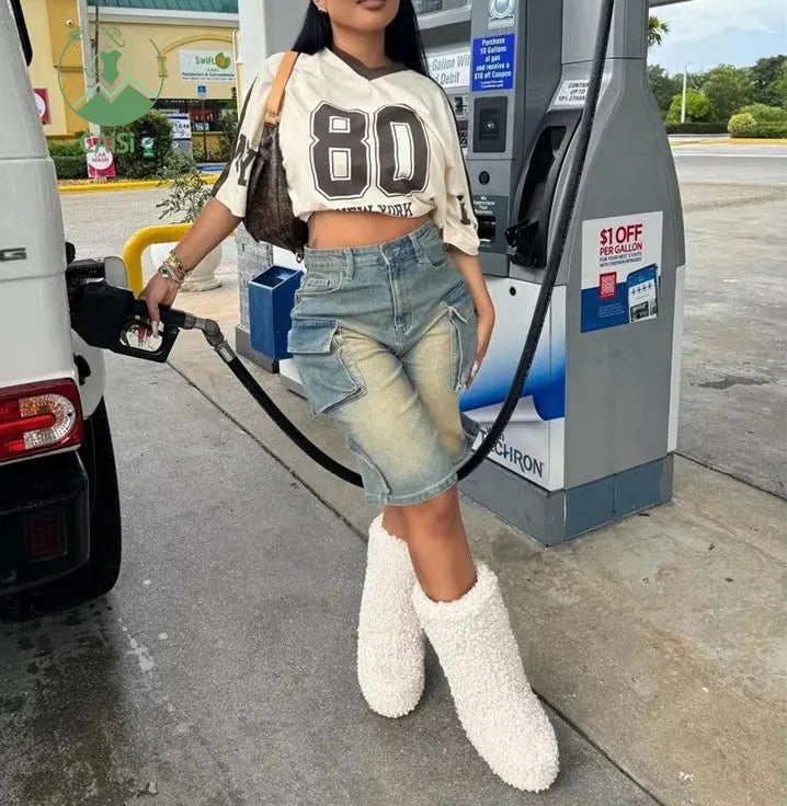 Hot Sale Washed Retro Denim Shorts Fashion Multi-pocket Loose Wide Leg Pants for Women Streetwear Boyfriend Short Bottoms