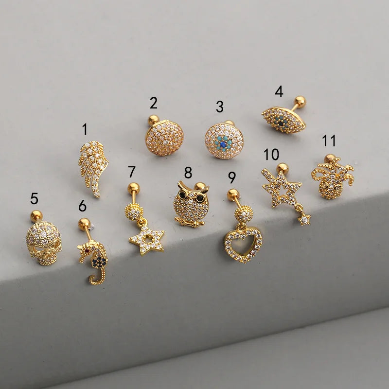 Zircon 18K Gold Plated Copper Stainless Steel Earrings Rhinestone Evil Eye Star Heart Owl Skull Studs Jewelry for Women 2025