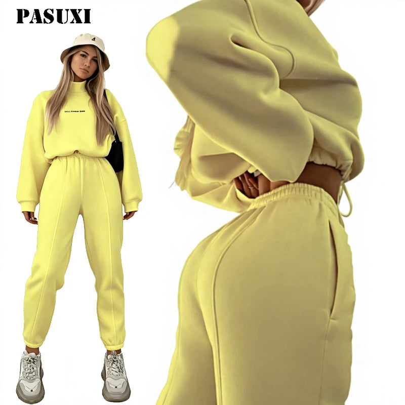 PASUXI Hot Sale Womens Clothing Spring Two Piece Sets Solid Color Casual Pullover Hoodies Sports Pants Suit