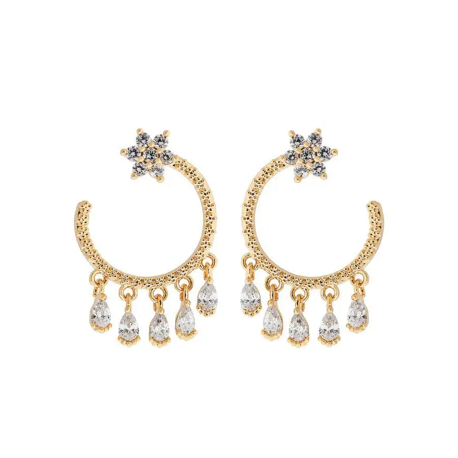 Korean Fashion Women Zircon Water Drop Semi-round Hanging Dangle Earrings Copper Plated Gold Artistic Fairy Tears Drop Earring