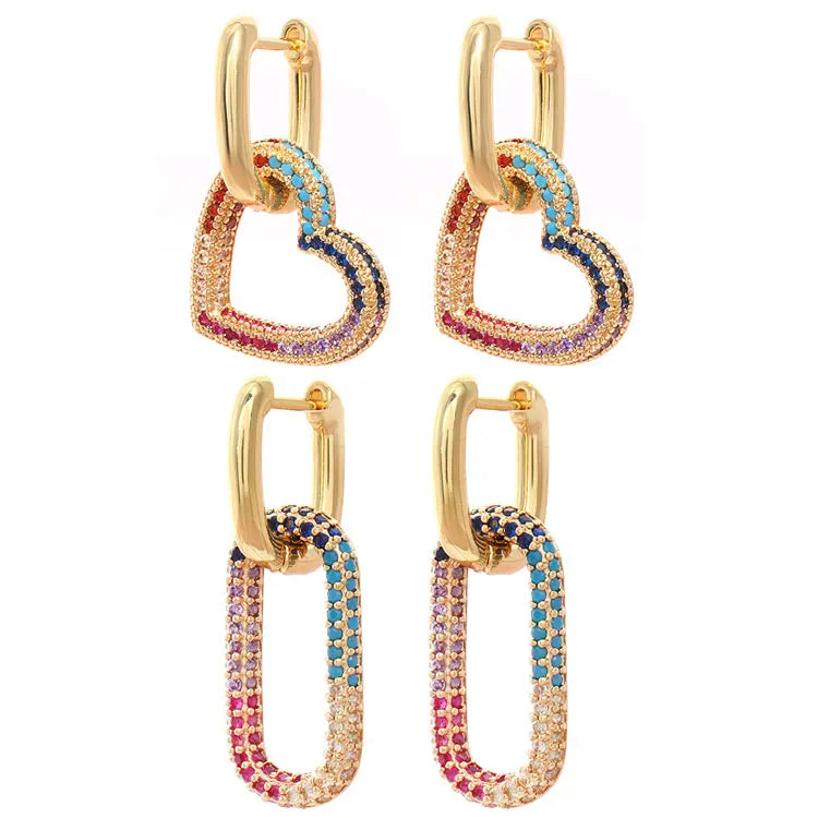 SC Luxury Rainbow Zircon Earrings Fashion Oval Heart Drop Earrings Jewelry 18K Gold Plated Brass Double Hoop Earrings for Women