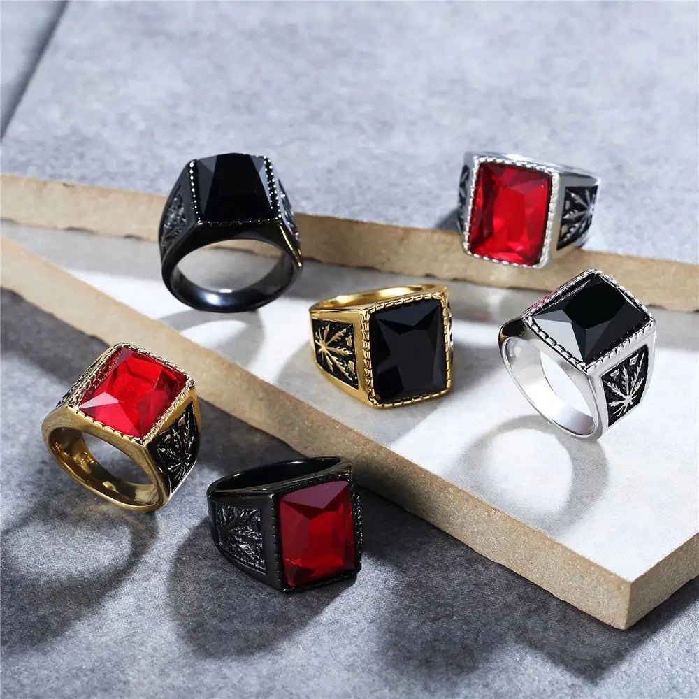 Vintage Personality Black Red Gem Stone Rings Stainless Steel Casting Maple Leaf Natural Stone Ring for Men Women