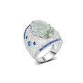 YBO Luxury Fine Jewelry Women's Natural Gemstone Green Phantom Crystal Oval Shape 10.2CT Sterling Silver 925 Prong Setting Rings