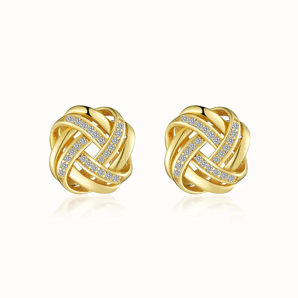 Hot Selling Trendy Wedding 18k Gold Plated 925 Sterling Silver Zircon Geometry Chunky Wire Ball Twisted Knot Stud Earrings