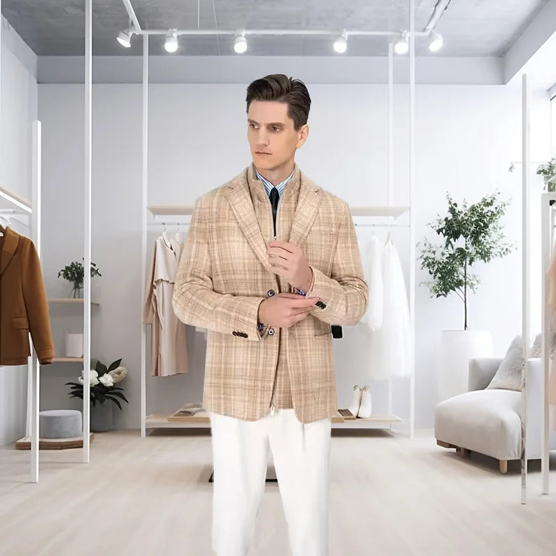 MTM Custom Beige Plaid Slim-Fit Blazer Breathable Two-Piece Casual Suit With Single Breasted Closure Zipper Fly Pant for Adults