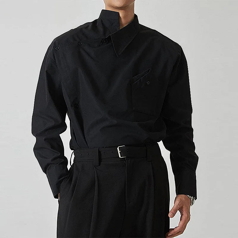 RNSHANGER Irregular Design Buckle Lapel Shirt for Men Vintage French Style Long Sleeve Loose Top Spring Autumn Fashion Shirts