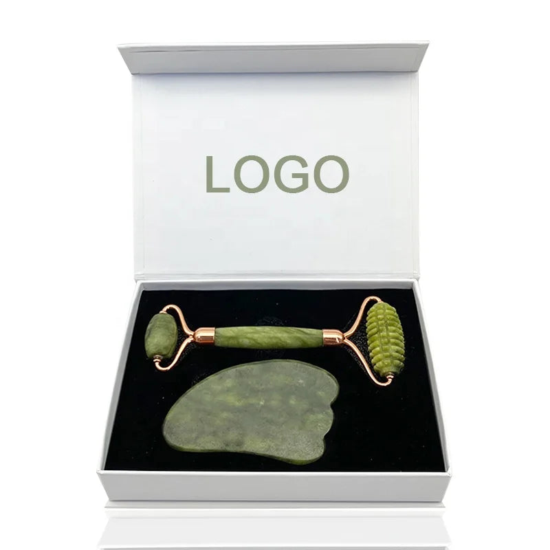 Custom Magnetic Box Packaging Jade Roller and Gua Sha Wholesale Nephrite Jade Gua Sha Masaj Facial Jade Roller and Gua Sha