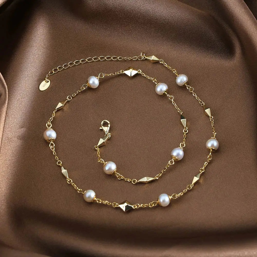 RINNTIN GPN52 14k Gold Plated Necklace Chunky 925 Sterling Silver Link Chain Freshwater Pearl Beads Fresh Water Pearls Necklaces