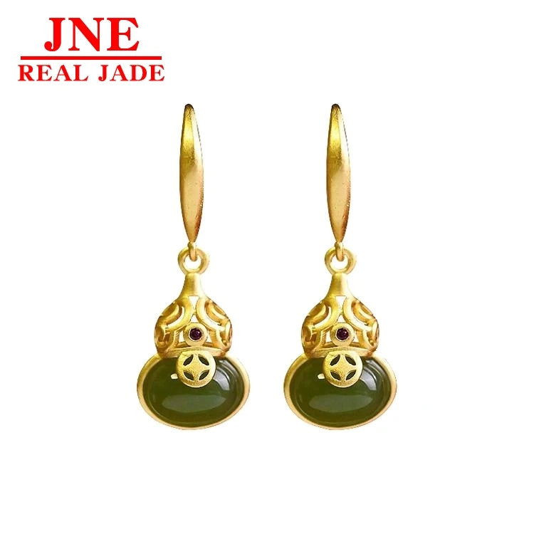 Forbidden City Natural Sun Green Jade Earrings 925 Sterling Silver Inlaid Gold Long Ice-Type Earrings