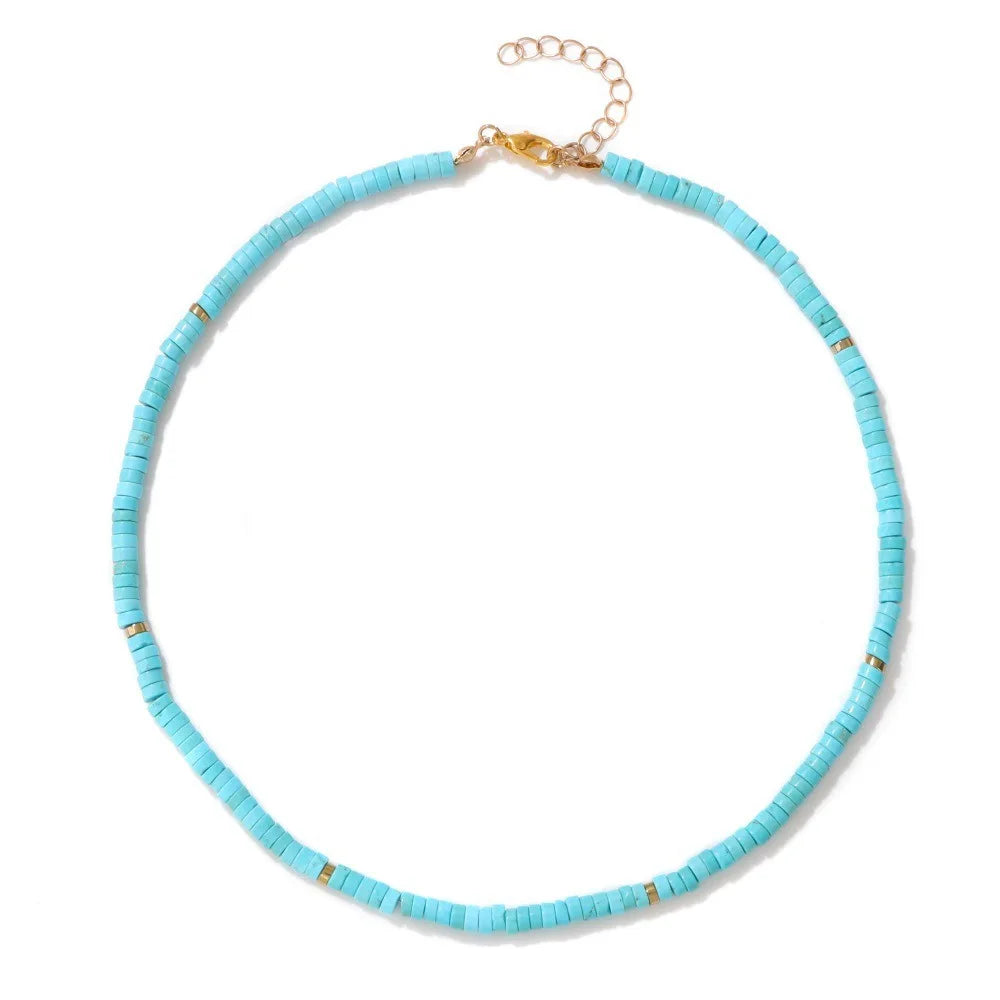 Natural Crystal Quartz Vinyl Disc Turquoise Beaded Necklace Boho Seed Heishi Beaded Choker Necklace for Women