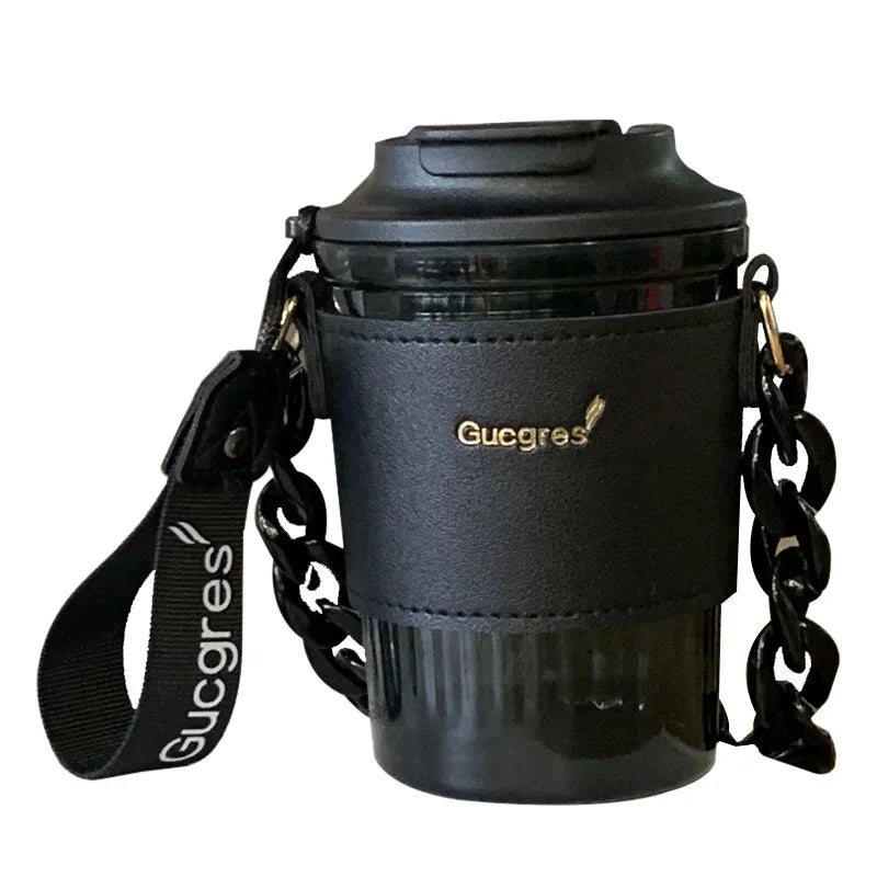 New Ins Custom Girl 420ml Leak-proof Juice Drinking Cup Travel Portable Plastic Coffee Bottle with Shoulder Strap/set