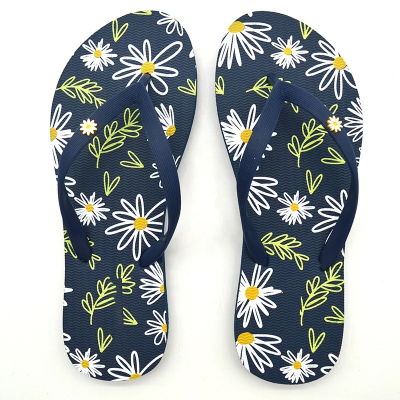 Hot Sales Summer Slippers Screen Print Lighted Women's Rubber Flip Flops With Glitter Upper Beach Slippers